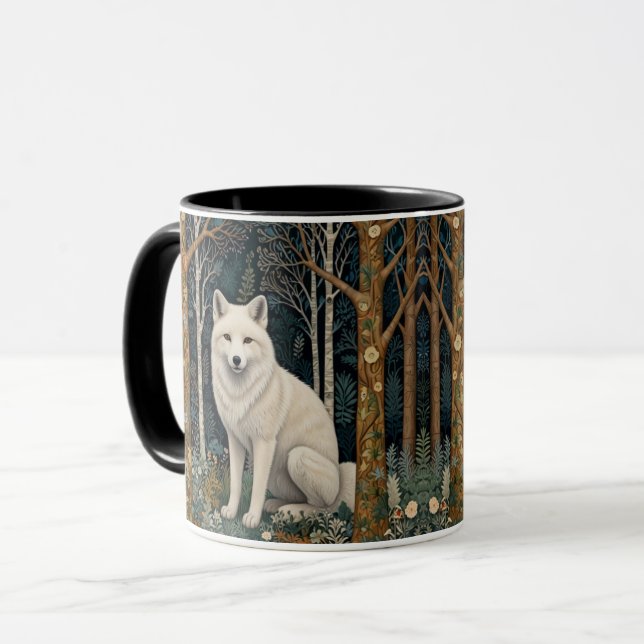Caneca Lobo branco vintage boho floresta de madeira  (Frente Esquerda)