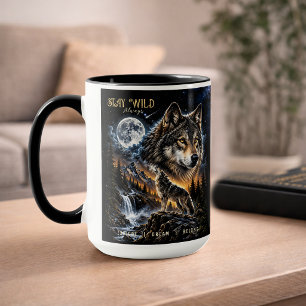 Caneca Lobo Uivando Para a Lua Floresta Vida Selvagem Nat