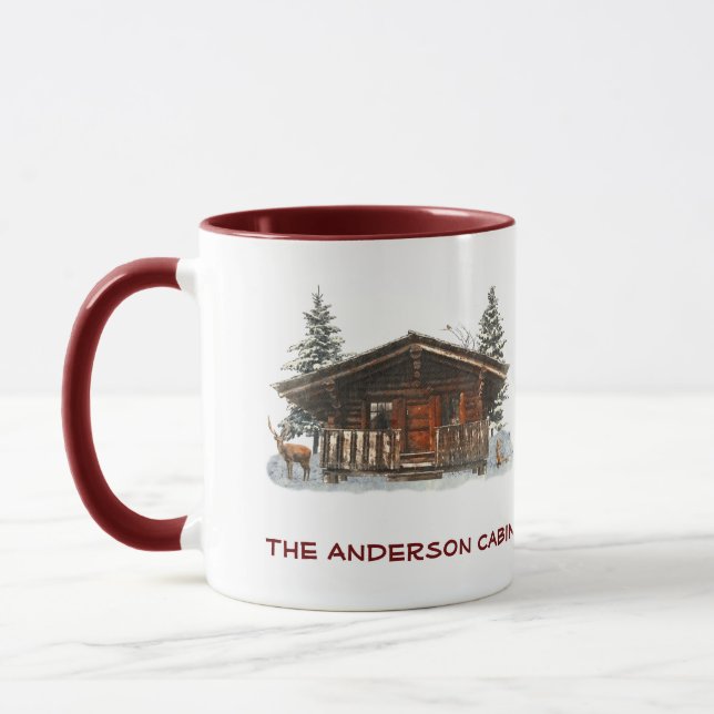 Caneca Log Cabin Lake House Deer Woods Texto Personalizad (Esquerda)