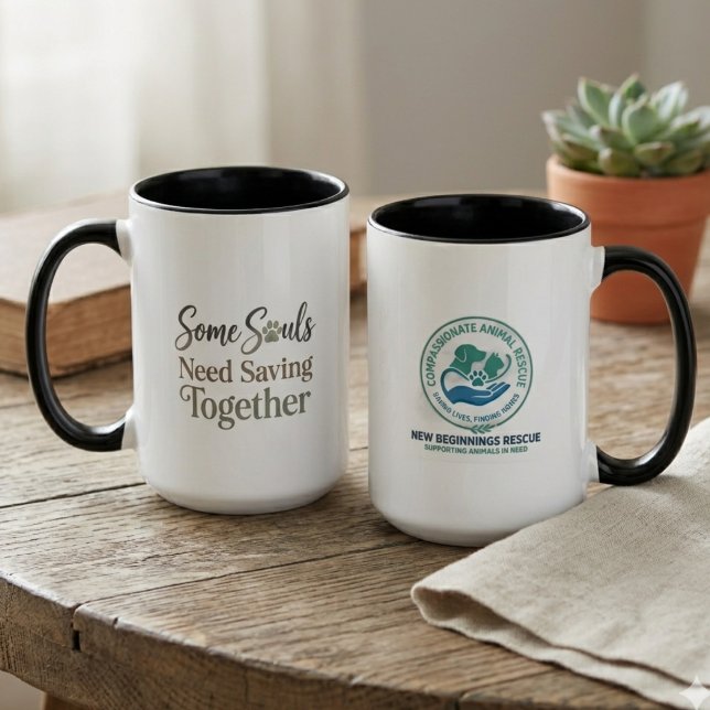 Caneca Logotipo de resgate de almas necessitadas juntas (A black handled mug for a rescue founder to use during a shelter fundraising event.)
