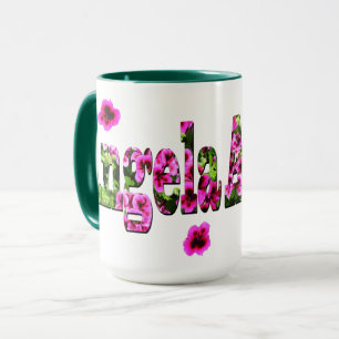 Caneca Logotipo do nome da Angela Floral, cor-de-rosa,