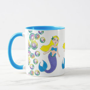 Caneca Loira Nadando Sereia Rapariga Bolhas Oceano