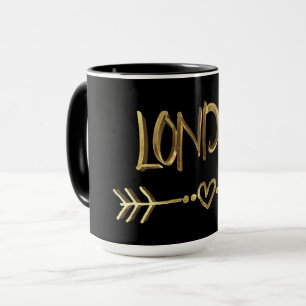 Caneca Londres Reino Unido Amor Dourada Tipografia Negra