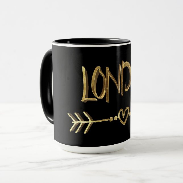Caneca Londres Reino Unido Amor Dourada Tipografia Negra  (Frente Esquerda)
