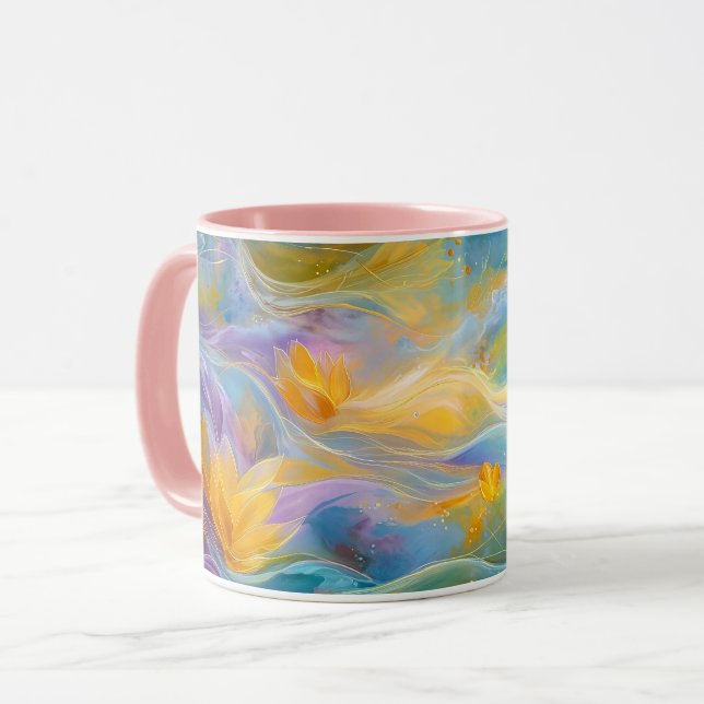 Caneca Lótus Dourados Abstratos Flores Flutuantes (Frente Esquerda)