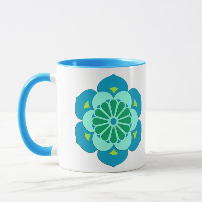Caneca Lotus Flower Mandala, Turquesa, Azul e Limão (Esquerda)