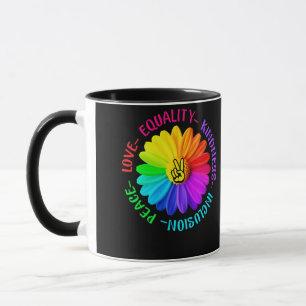 Caneca Love Peace Kindness Inclusão Sinal de Paz Daisy