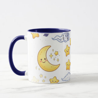 Caneca Lua Celestial Fofa e Padrão de Estrelas Azul com D
