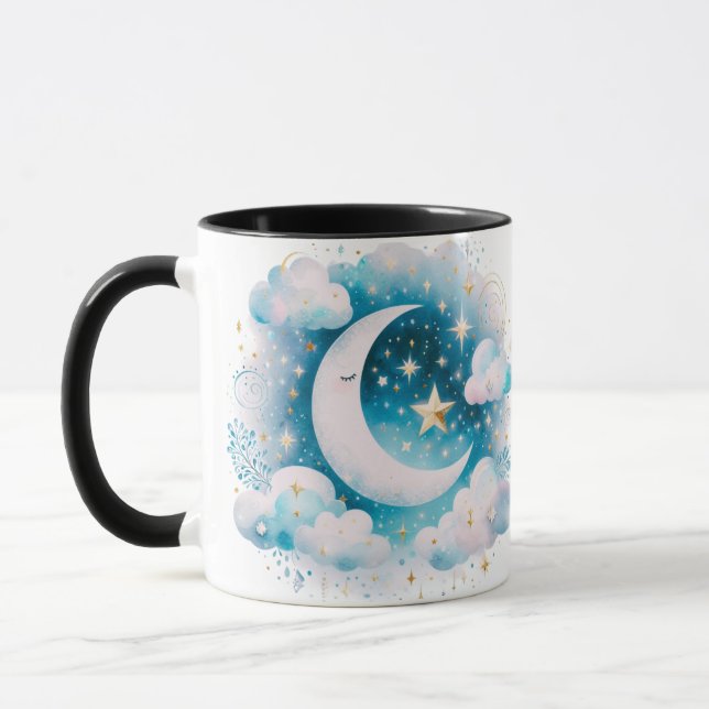 Caneca Lua Crescente Azul e Branco Celestial Boho Moderno (Esquerda)