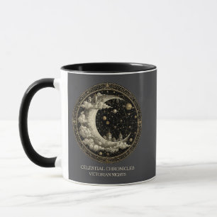 Caneca Lua Crescente Vintage com Nuvens, Vitoriano Retrô