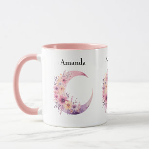 Caneca Lua de Crescente Rosa com Flores Bonito