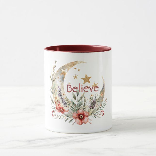 Caneca Lua Estrelas Flores Vermelhas Douradas  (Centro)