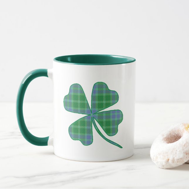 Caneca Lucky Green Plaid Shamrock Four-Leaf Clover  (Com Donut)