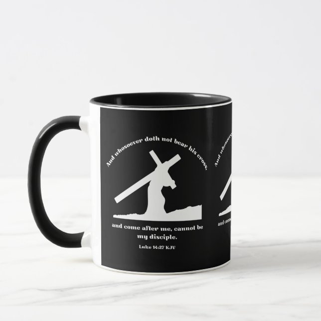 Caneca Luke 14:27 KJV Jesus Cruz Bíblia Cristã Verso (Esquerda)