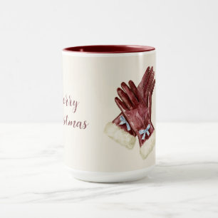 Caneca Luvas de Pelo Creme Borgonha com Laço Azul Natal
