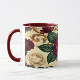 Caneca Luxury Baroque Roses Design - Burgundy Cream Flowe