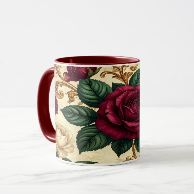 Caneca Luxury Baroque Roses Design - Burgundy Cream Flowe (Frente Esquerda)