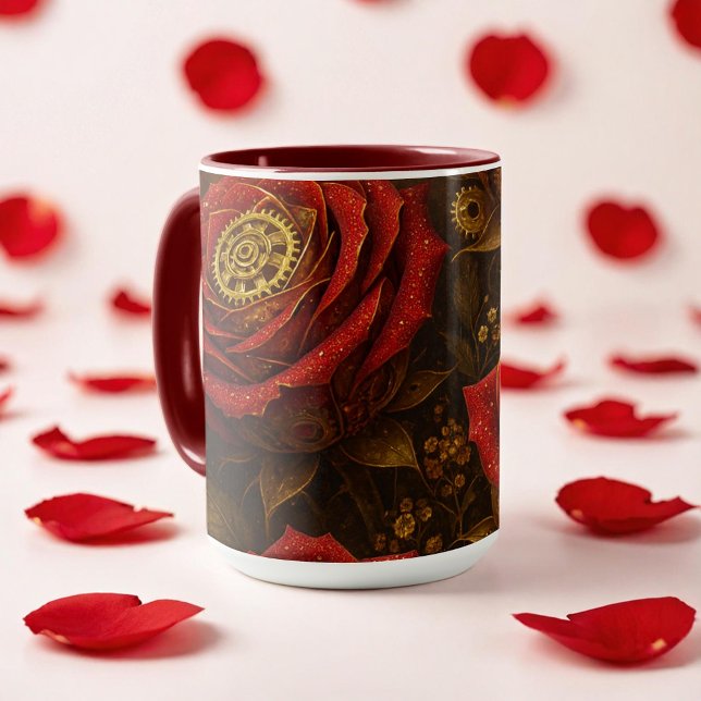 Caneca Luxury Steampunk Roses Romantic Gold Gears (Criador carregado)