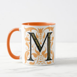 Caneca 'M' Floral Dourado e Preto