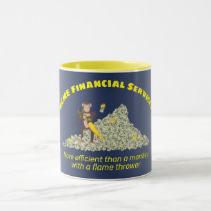 Caneca Macaco com lança-chamas queimando uma pilha de din