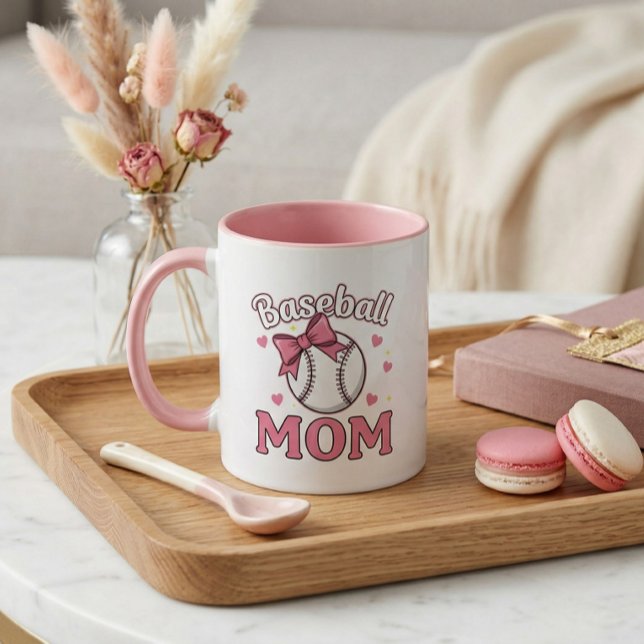 Caneca Mãe de Beisebol Design de Laço Rosa Fofo (Baseball Mom Cute Mug)
