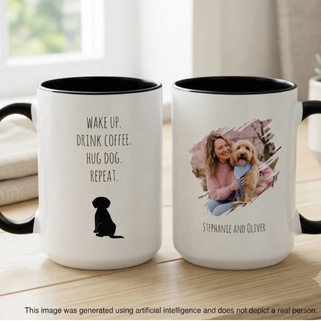 Caneca Mãe de Cachorro Acorda Bebe Café Repete (Two-tone dog mom photo mug with a funny morning routine quote for a pet lover's birthday gift.)