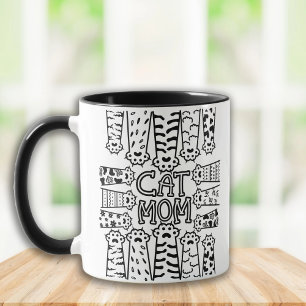 Caneca Mãe de gato preto e branco com patas de gato