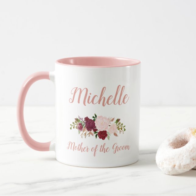 Caneca Mãe do Noivo Rosa Marsala Floral Casamento (Com Donut)
