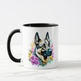 Caneca Mãe Pastor Alemão Flores Rosa e Amarelo