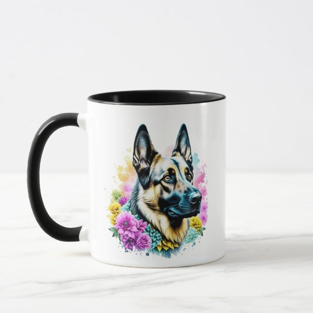 Caneca Mãe Pastor Alemão Flores Rosa e Amarelo (Esquerda)