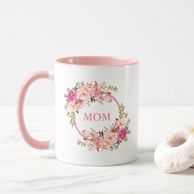 Caneca Mãe Watercolor Floral Rosa (Com Donut)