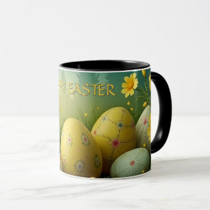 Caneca Magia da Primavera com Ovos de Páscoa num Mar de F
