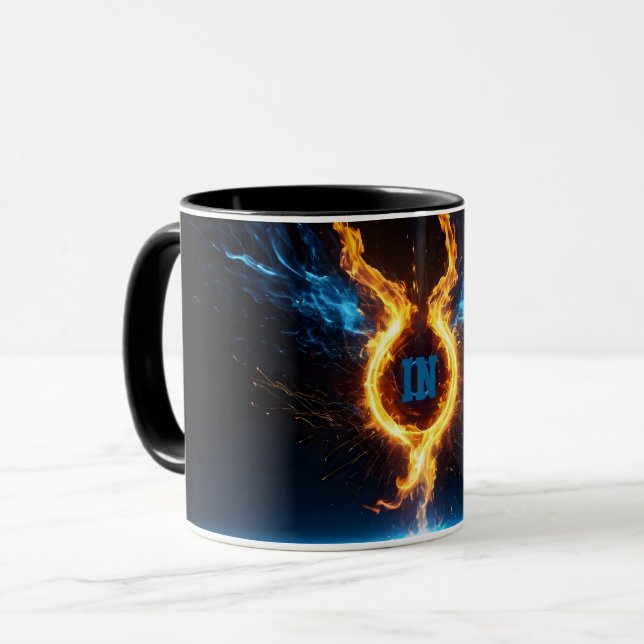 Caneca Magia Elemental do Anel de Fogo Laranja Azul Épico (Frente Esquerda)