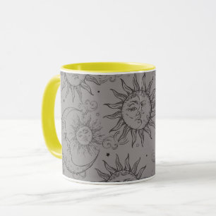 Caneca Magia Preta Cinza Vintage Celestial Sol Lua Estrel