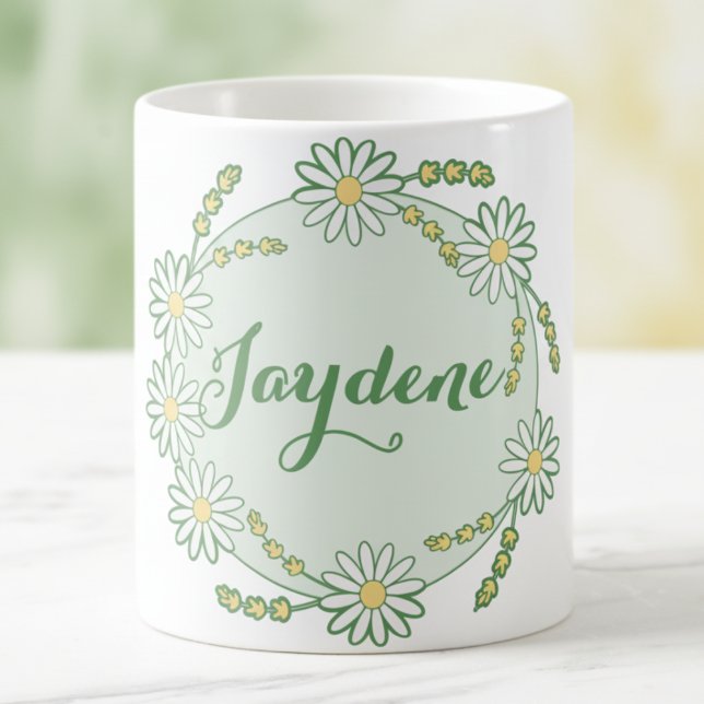 Caneca Mágica Amarelo Pastel Verde Margarida Personalizada (Daisies in green and yellow with place to customize the name. Hand drawn for your pleasure.)