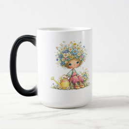 Caneca Mágica Arte de Jardim em Aquarela de Menina Floral Fofa