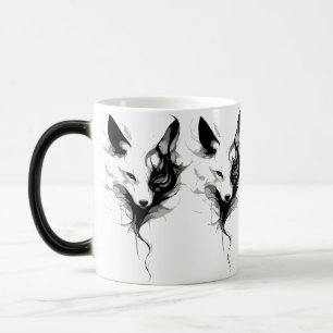 Caneca Mágica Arte de Lobo Branco Elegante em Tinta Preta