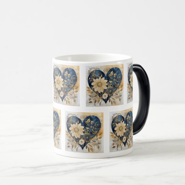 Caneca Mágica Arte do Coração Azul e Dourado Flor Boho (Frente Esquerda)