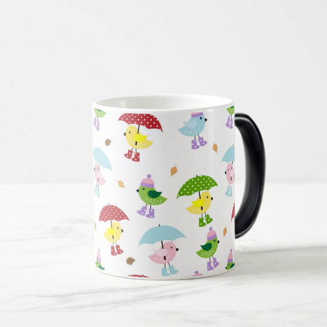 Caneca Mágica Aves Whimsical em Chuva Boot Padrão Invisível (Frente Esquerda)