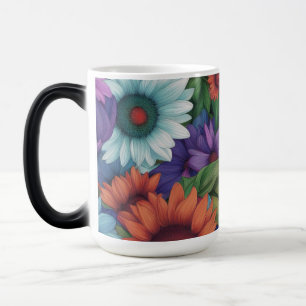 Caneca Mágica Azul Verde Vermelho e Girassóis Brancos -