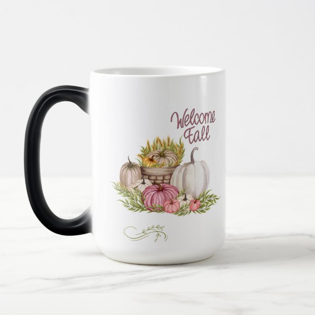 Caneca Mágica Bem-vindos Pumpkins Branco Rosa Queda Outono outon (Esquerda)