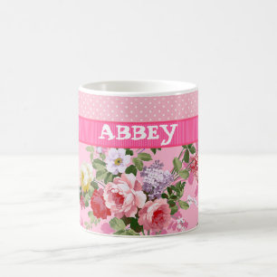 Caneca Mágica Bolinhas Florais de Vintage, Monograma Rosa de Ten