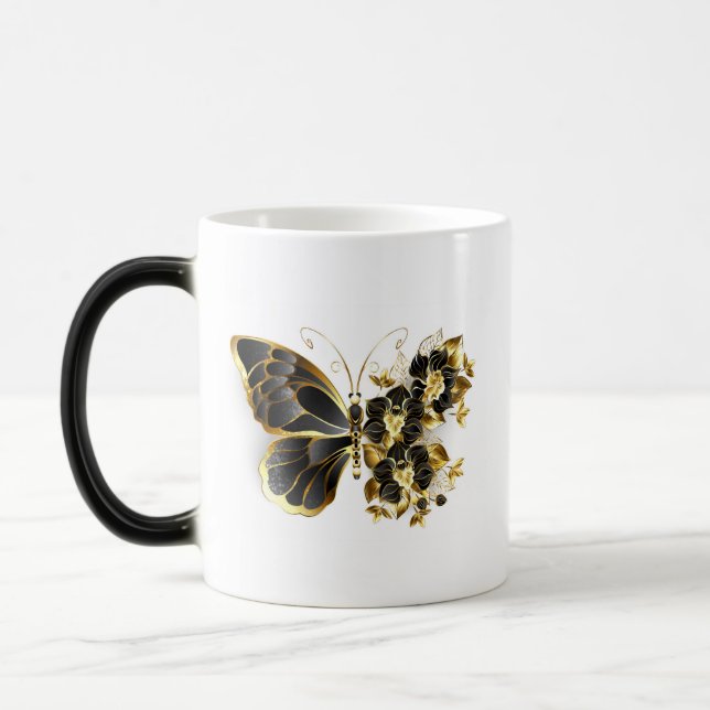 Caneca Mágica Borboleta Flor Dourada com Orquídea Preta (Esquerda)