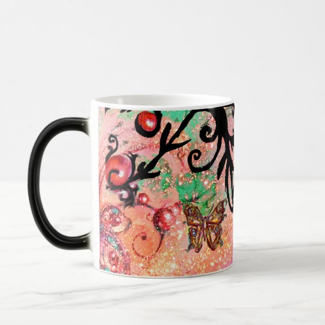 CANECA MÁGICA BORBOLETA ROSA BRILHOS, FLORAL MONOGRAMA PRETO, (Esquerda)