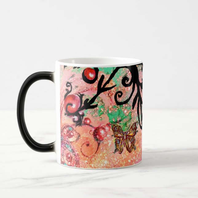 CANECA MÁGICA BORBOLETA ROSA BRILHOS, MONOGRAMA FLORAL PRETO, (Esquerda)