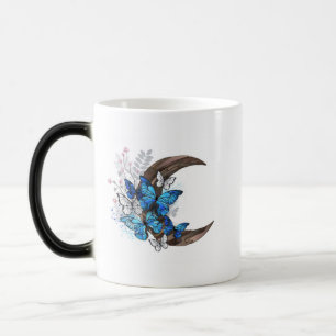 Caneca Mágica Borboletas azuis em crescente de madeira