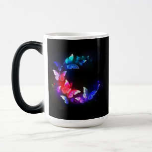 Caneca Mágica Borboletas Neon Night brilhantes sobre fundo preto