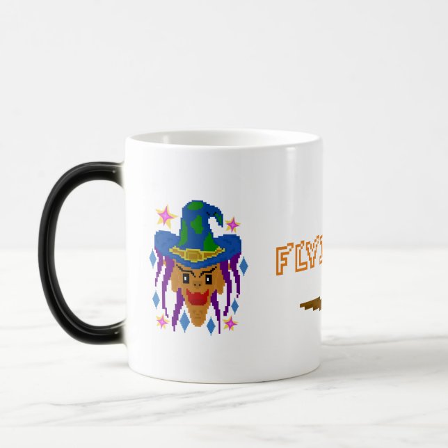 Caneca Mágica Bruxa de Halloween com Broom - Arte de Pixel (Esquerda)
