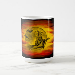 Caneca Mágica bruxa voadora com gato preto, noite de halloween