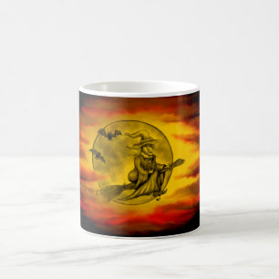 Caneca Mágica bruxa voadora com gato preto, noite de halloween